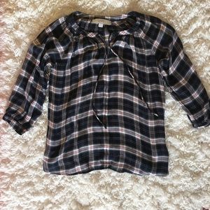LOFT plaid split tie neck blouse